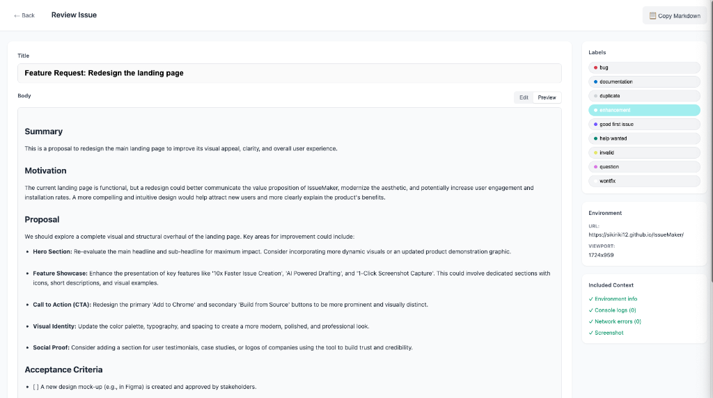 IssueMaker Review - AI-generated issue with proper formatting